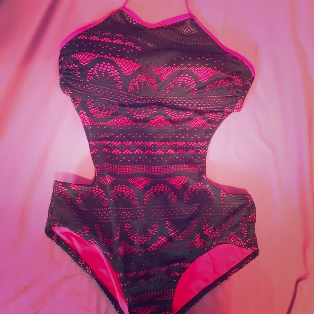 Black and Pink Lace One Piece Monokini